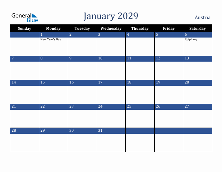 January 2029 Austria Calendar (Sunday Start)