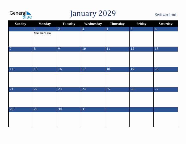 January 2029 Switzerland Calendar (Sunday Start)