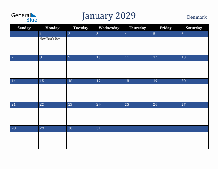 January 2029 Denmark Calendar (Sunday Start)