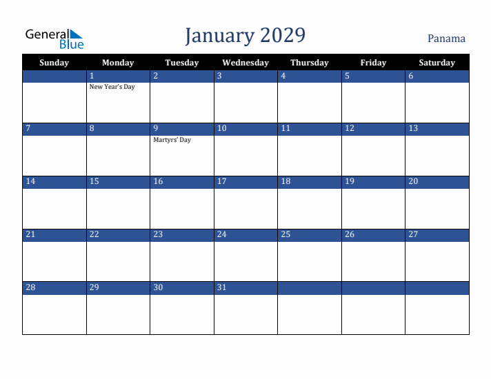 January 2029 Panama Calendar (Sunday Start)