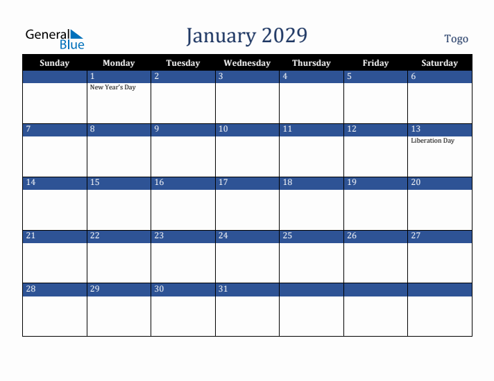 January 2029 Togo Calendar (Sunday Start)