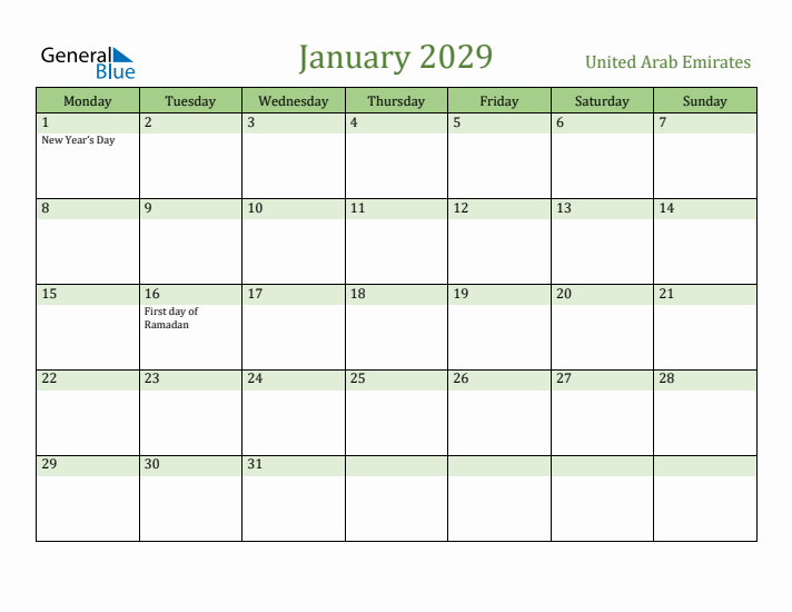 January 2029 Calendar with United Arab Emirates Holidays