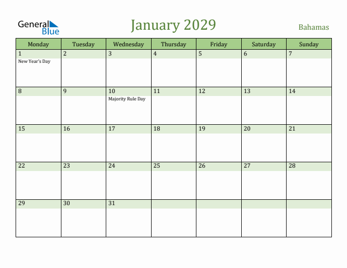 January 2029 Calendar with Bahamas Holidays