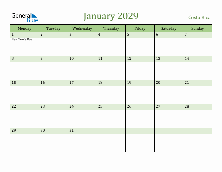 January 2029 Calendar with Costa Rica Holidays