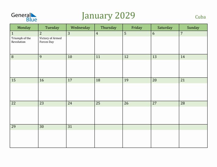 January 2029 Calendar with Cuba Holidays