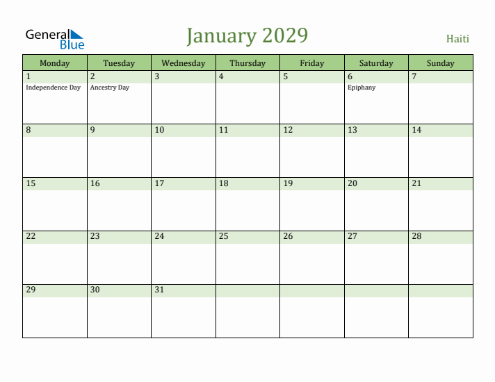 January 2029 Calendar with Haiti Holidays