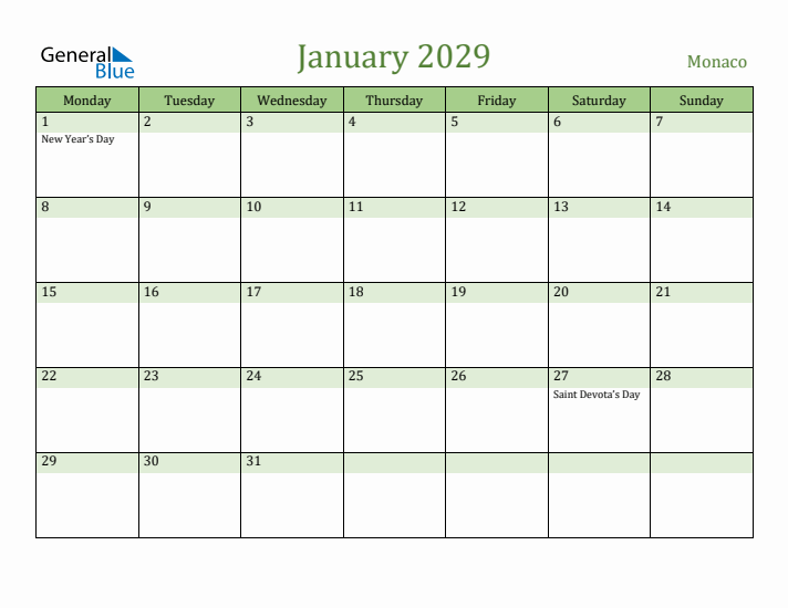 January 2029 Calendar with Monaco Holidays