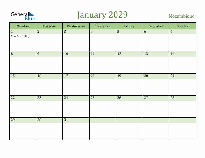 January 2029 Calendar with Mozambique Holidays