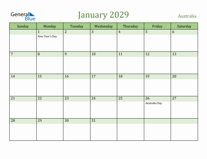 January 2029 Calendar with Australia Holidays