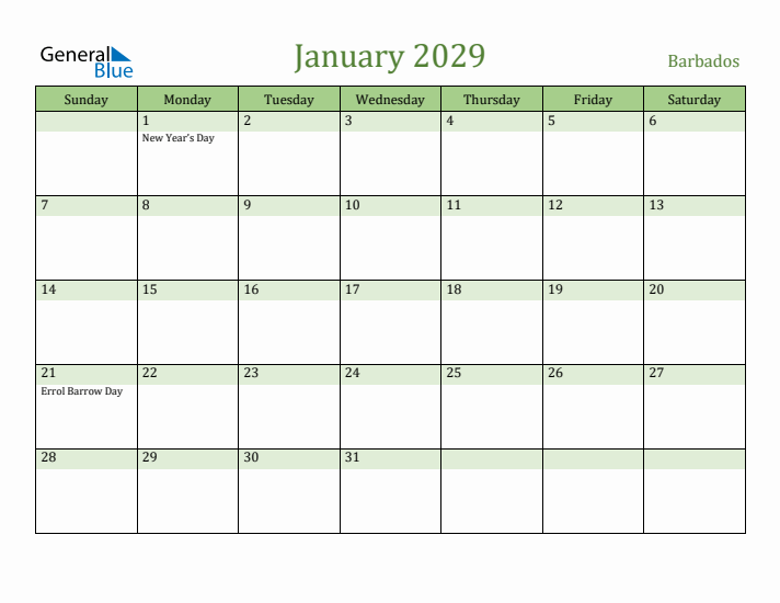 January 2029 Calendar with Barbados Holidays