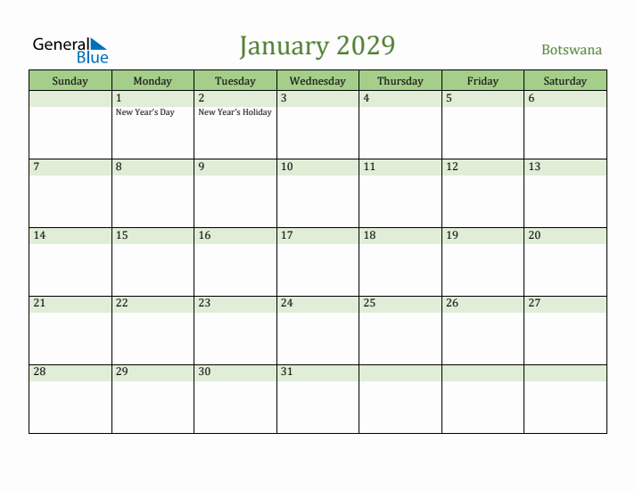 January 2029 Calendar with Botswana Holidays