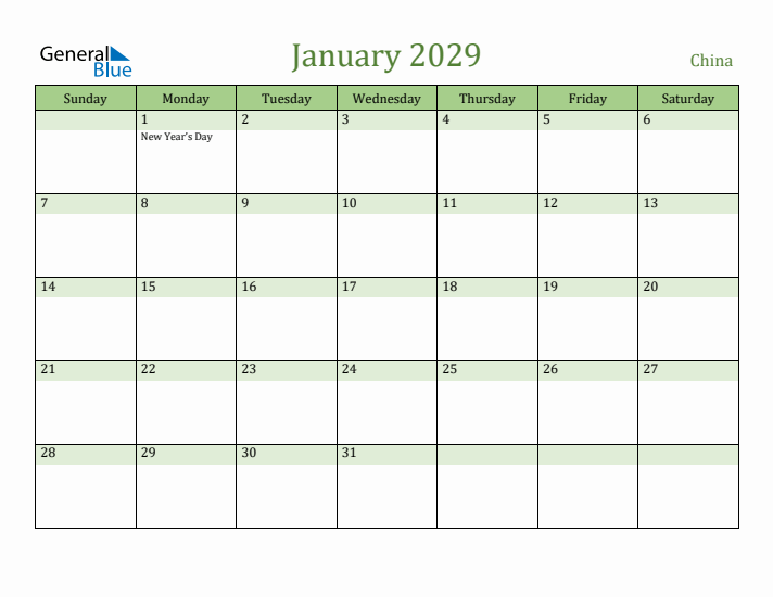 January 2029 Calendar with China Holidays