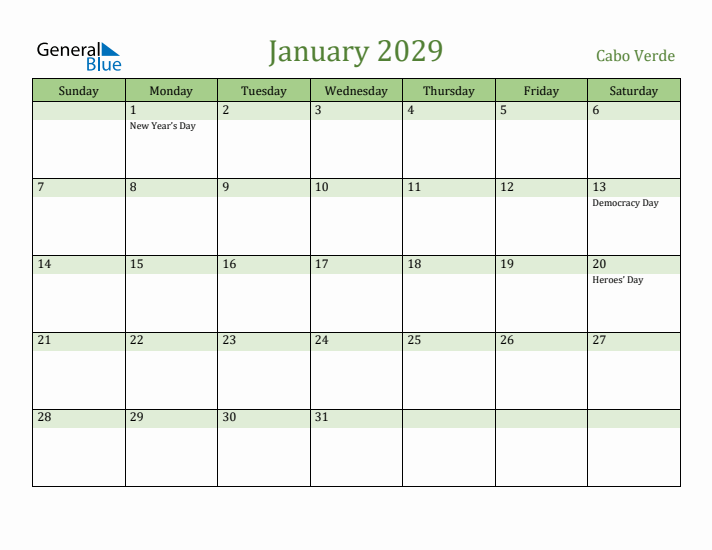 January 2029 Calendar with Cabo Verde Holidays