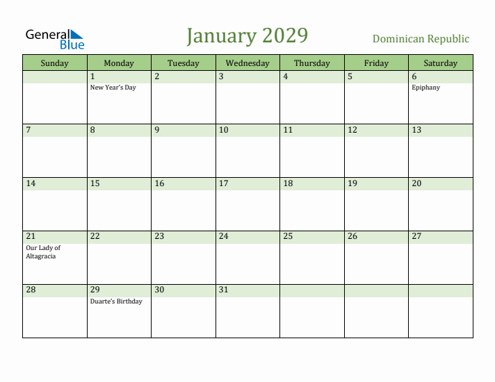 January 2029 Calendar with Dominican Republic Holidays