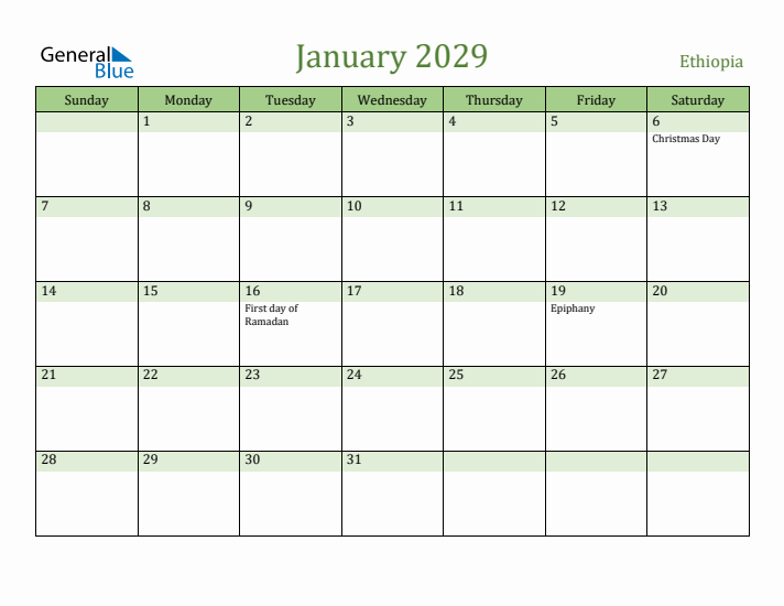 January 2029 Calendar with Ethiopia Holidays