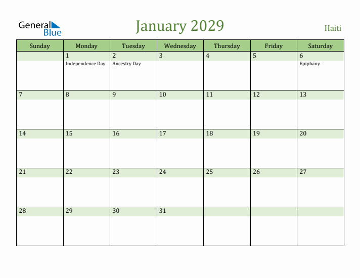 January 2029 Calendar with Haiti Holidays