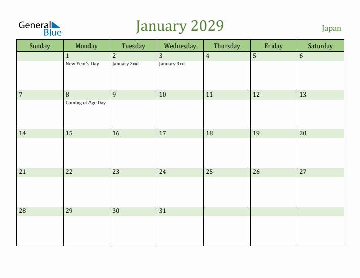 January 2029 Calendar with Japan Holidays