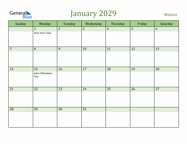 January 2029 Calendar with Malawi Holidays