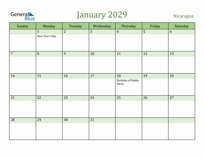 January 2029 Calendar with Nicaragua Holidays