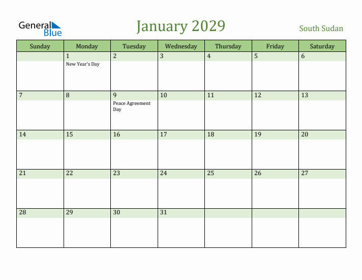 January 2029 Calendar with South Sudan Holidays