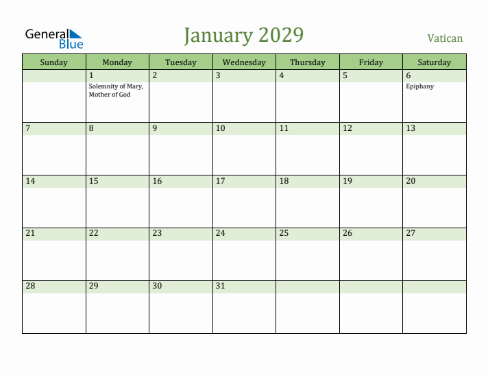 January 2029 Calendar with Vatican Holidays