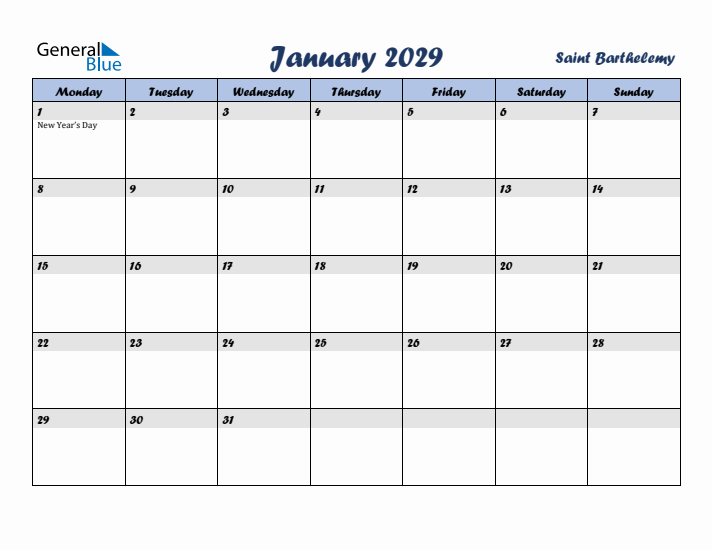 January 2029 Calendar with Holidays in Saint Barthelemy