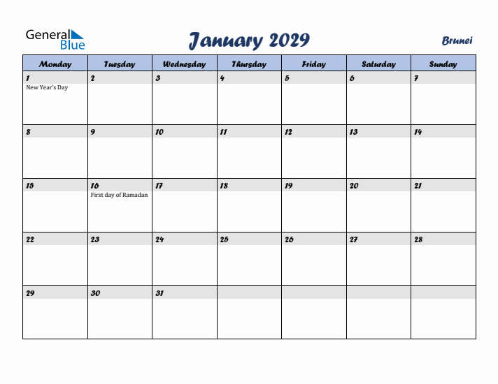 January 2029 Calendar with Holidays in Brunei