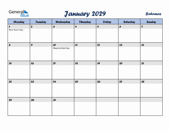 January 2029 Calendar with Holidays in Bahamas