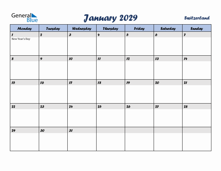 January 2029 Calendar with Holidays in Switzerland