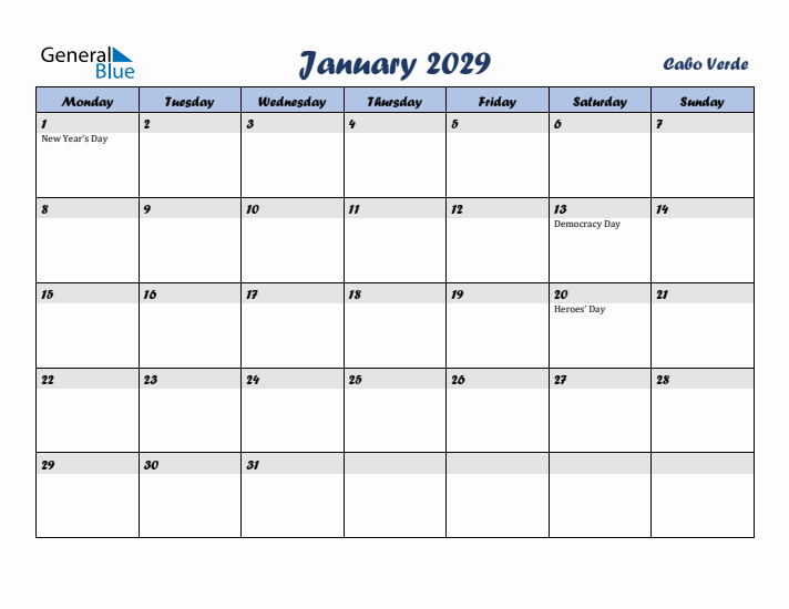 January 2029 Calendar with Holidays in Cabo Verde