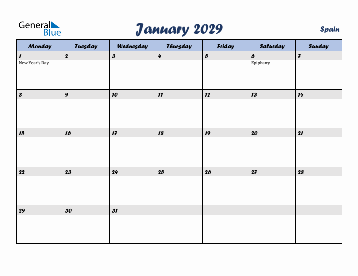 January 2029 Calendar with Holidays in Spain