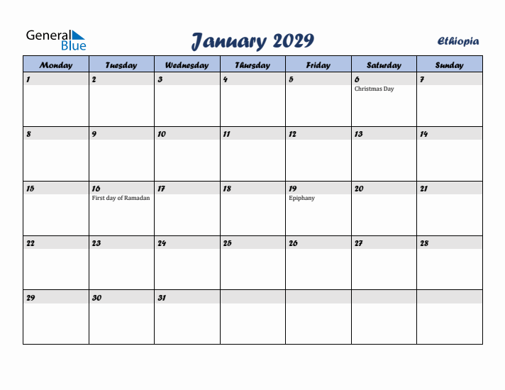 January 2029 Calendar with Holidays in Ethiopia