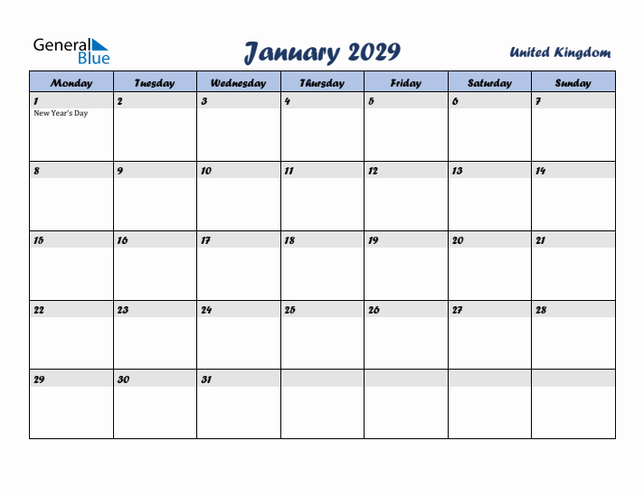 January 2029 Calendar with Holidays in United Kingdom