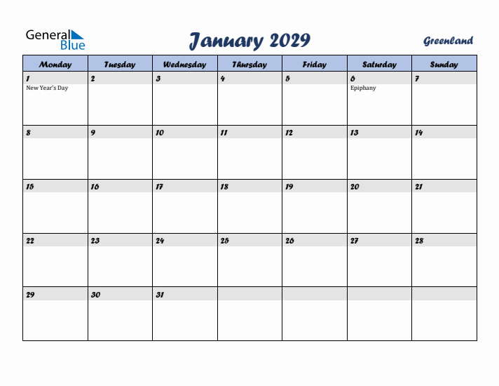 January 2029 Calendar with Holidays in Greenland