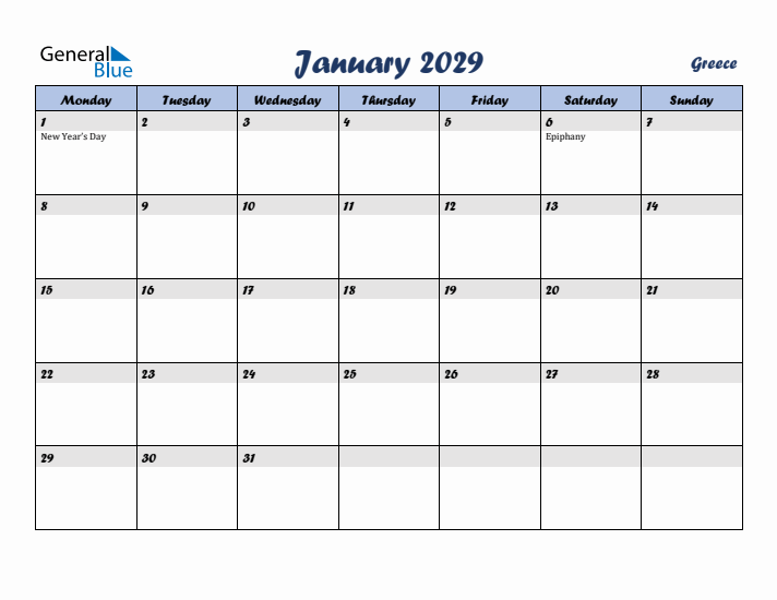 January 2029 Calendar with Holidays in Greece