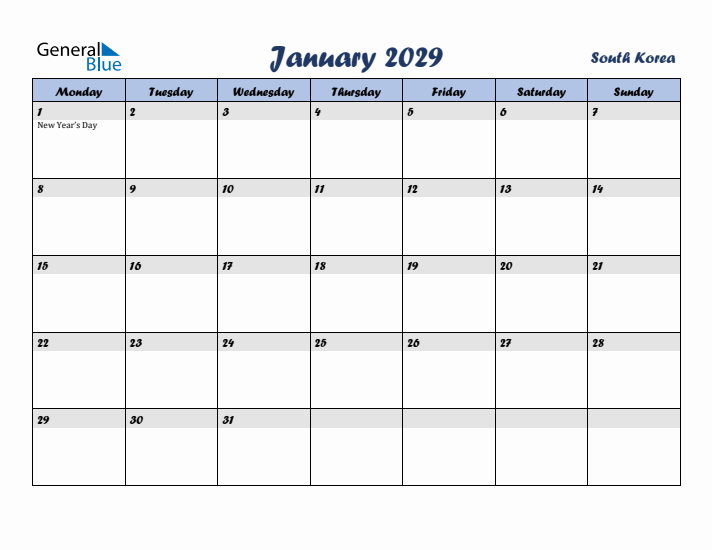 January 2029 Calendar with Holidays in South Korea