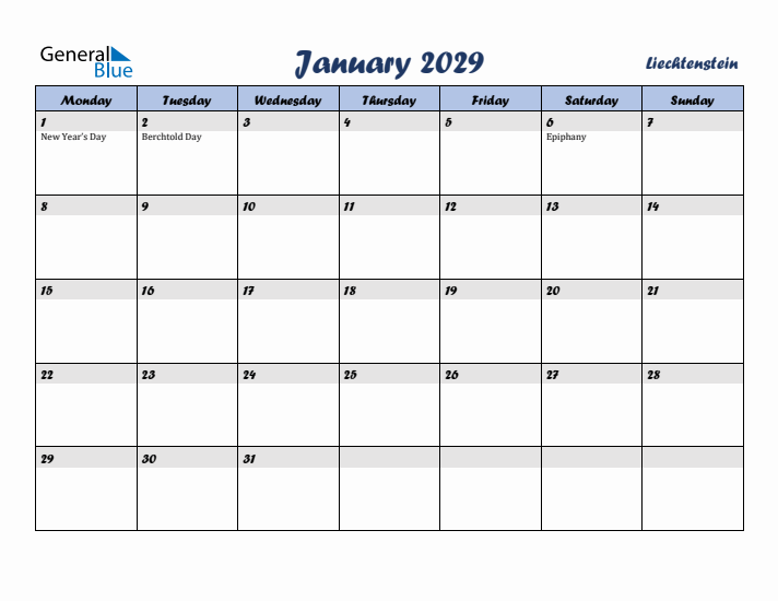 January 2029 Calendar with Holidays in Liechtenstein