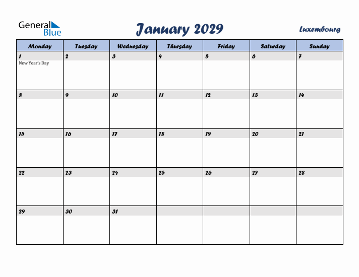 January 2029 Calendar with Holidays in Luxembourg