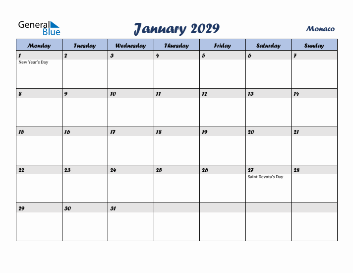 January 2029 Calendar with Holidays in Monaco