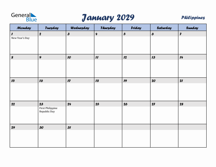 January 2029 Calendar with Holidays in Philippines