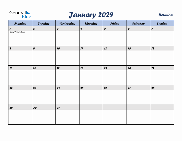 January 2029 Calendar with Holidays in Reunion