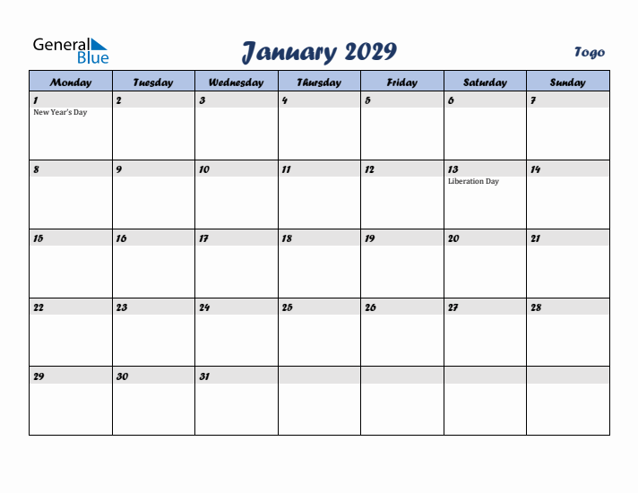 January 2029 Calendar with Holidays in Togo