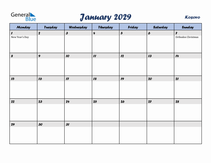 January 2029 Calendar with Holidays in Kosovo