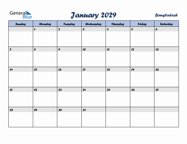 January 2029 Calendar with Holidays in Bangladesh