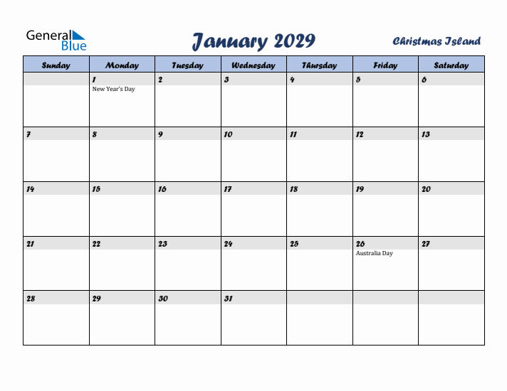 January 2029 Calendar with Holidays in Christmas Island