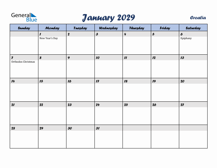 January 2029 Calendar with Holidays in Croatia