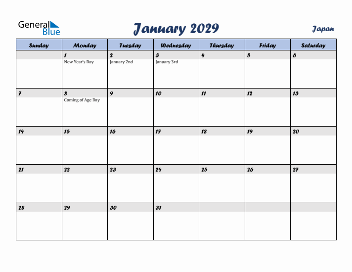 January 2029 Calendar with Holidays in Japan