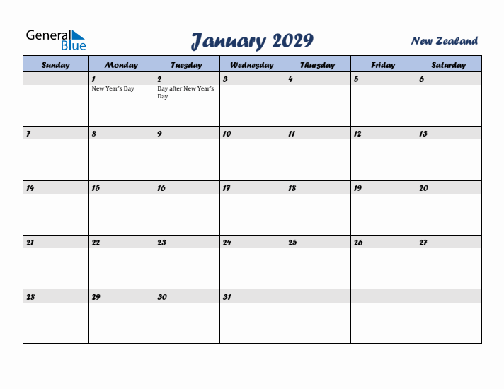 January 2029 Calendar with Holidays in New Zealand