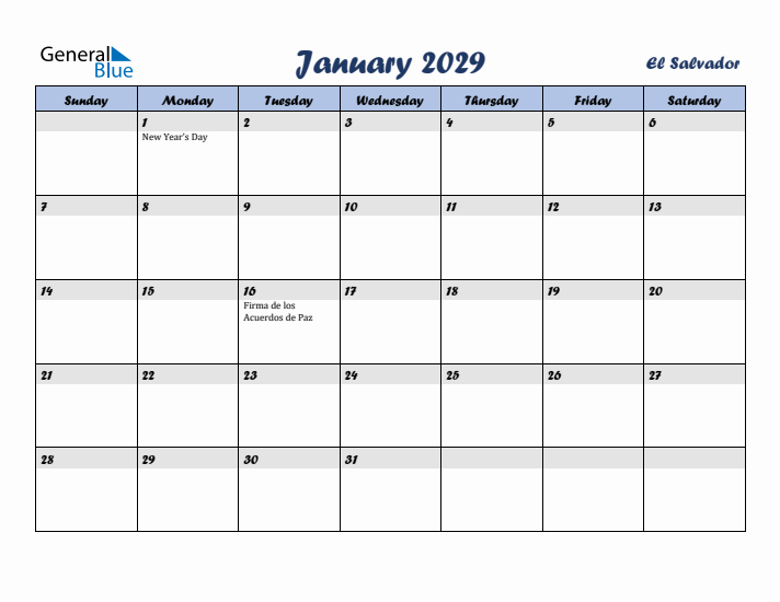 January 2029 Calendar with Holidays in El Salvador