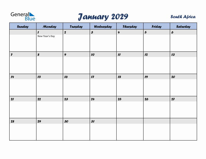 January 2029 Calendar with Holidays in South Africa